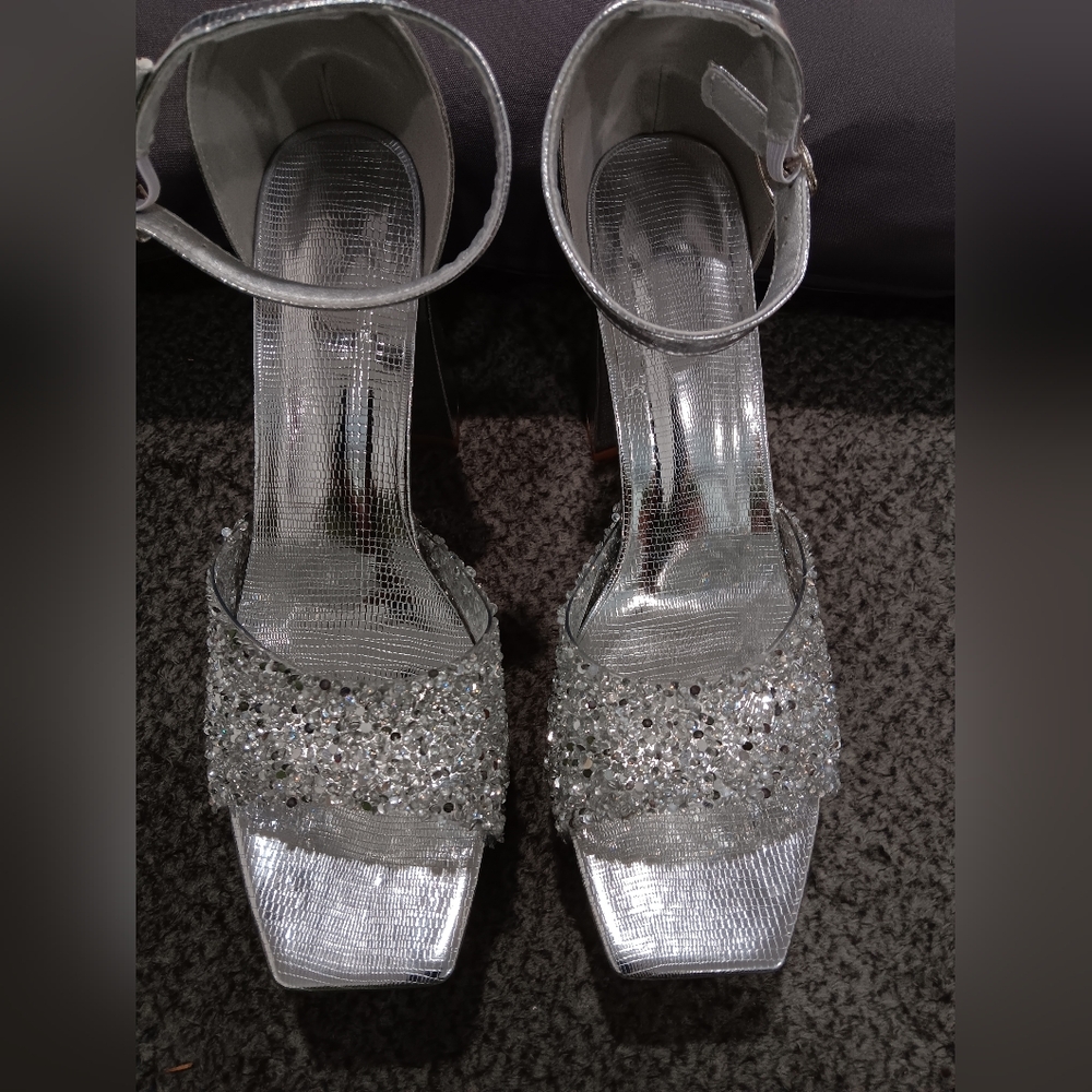 New Silver Ankle Strap Chunky Heels with Crystal Embellishments